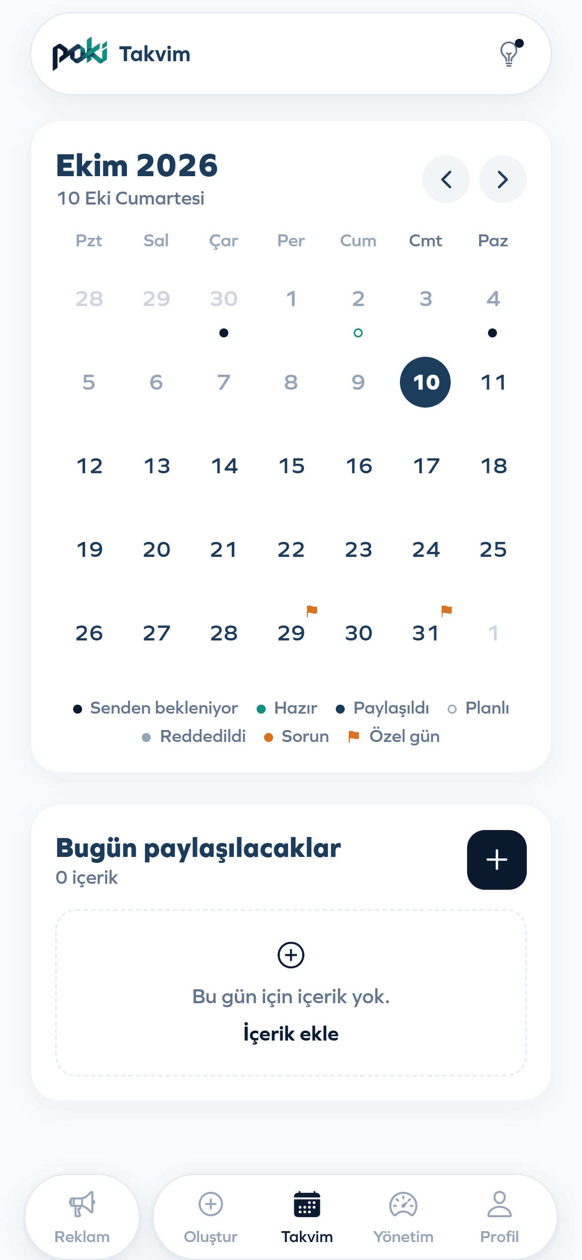 Poki uygulamasının Takvim ekranı: aylık içerik planı ve bugün paylaşılacaklar