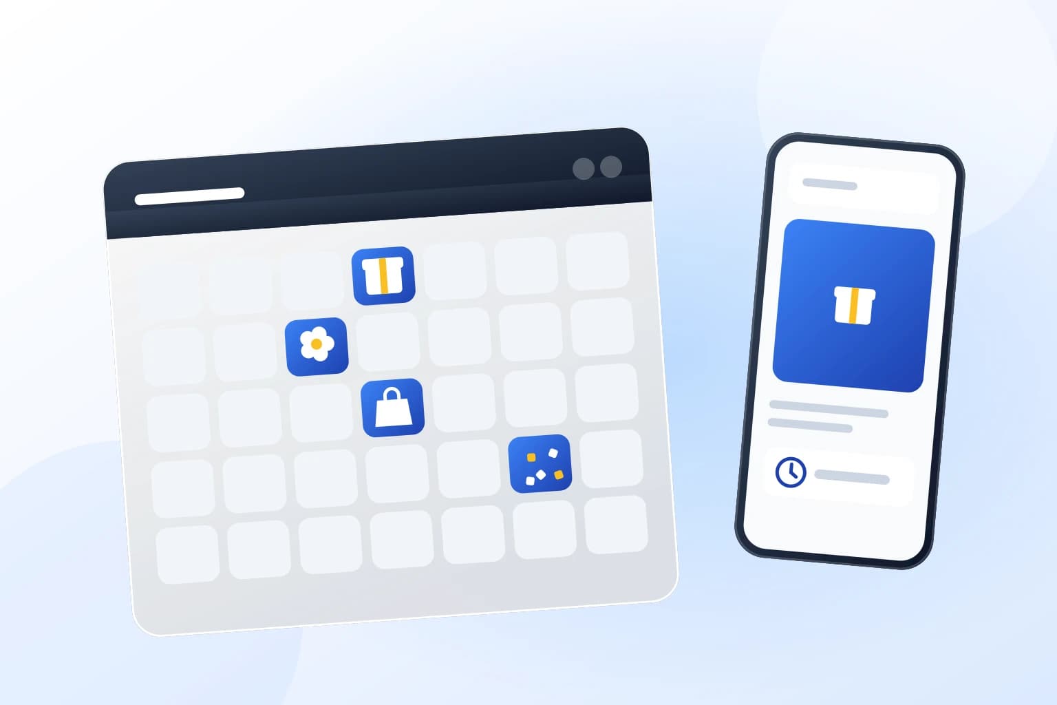 Bazı günleri hediye, çiçek ve alışveriş simgeleriyle işaretlenmiş aylık takvim ve yanında planlı paylaşım gösteren telefon.