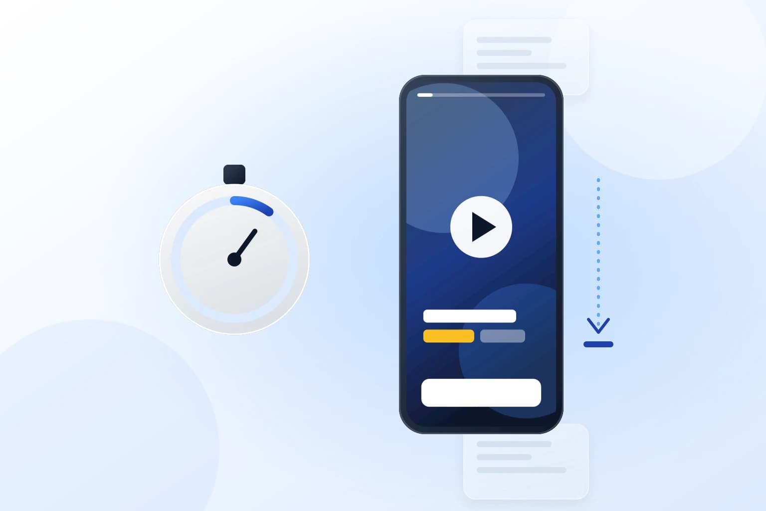 İlk saniyesindeki dikey video açık bir telefon, yanında kronometre; kaydırmayı durduran el.